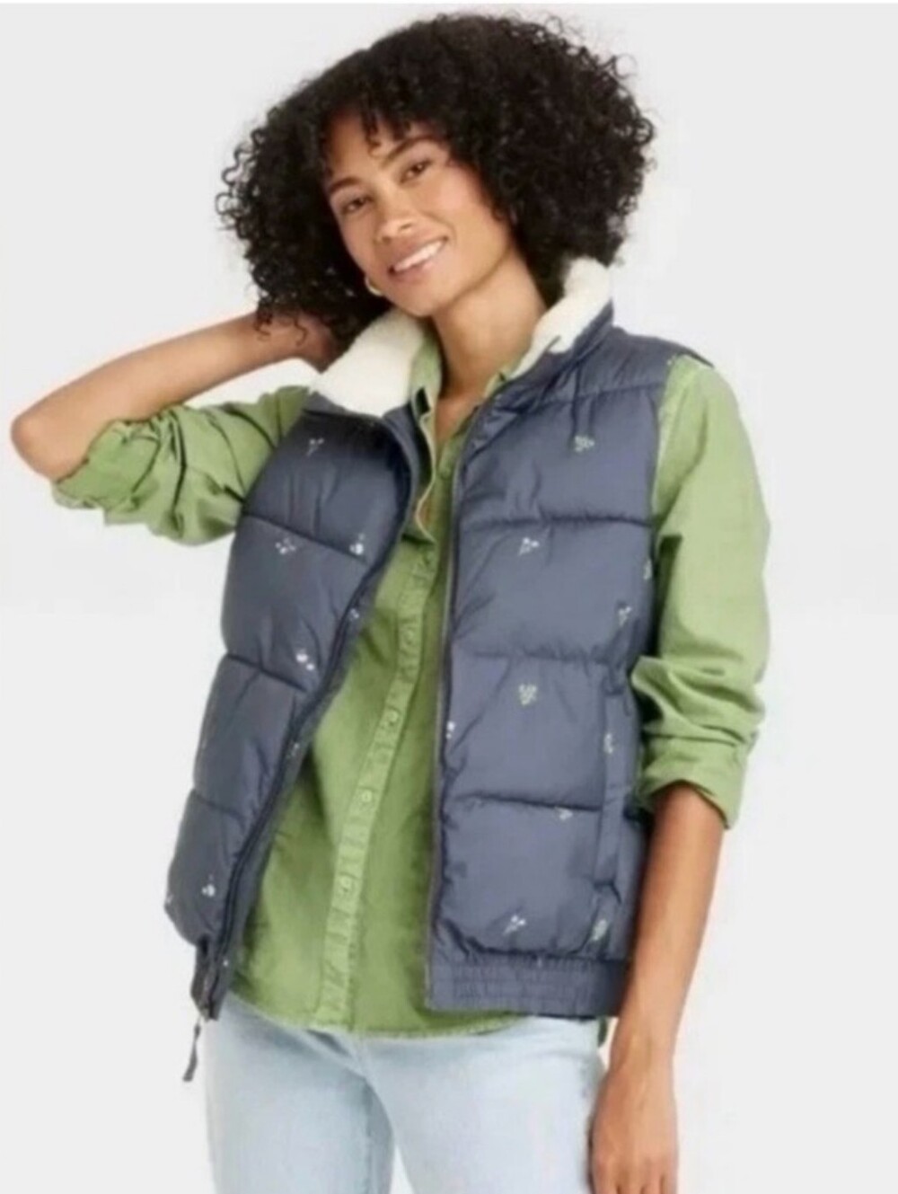 NWT Floral Print Sherpa Collar Navy Blue Univeral Thread Puffer Vest